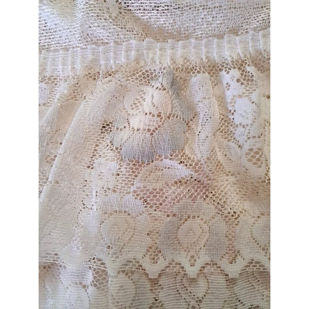 Vintage Lace Window Valance White Pink Blue Roses Gathered Ruffled Trim 58x20